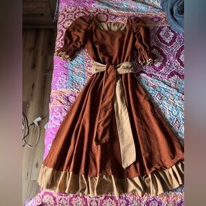 Vintage Rust and Tan Dress with Puff sleeves